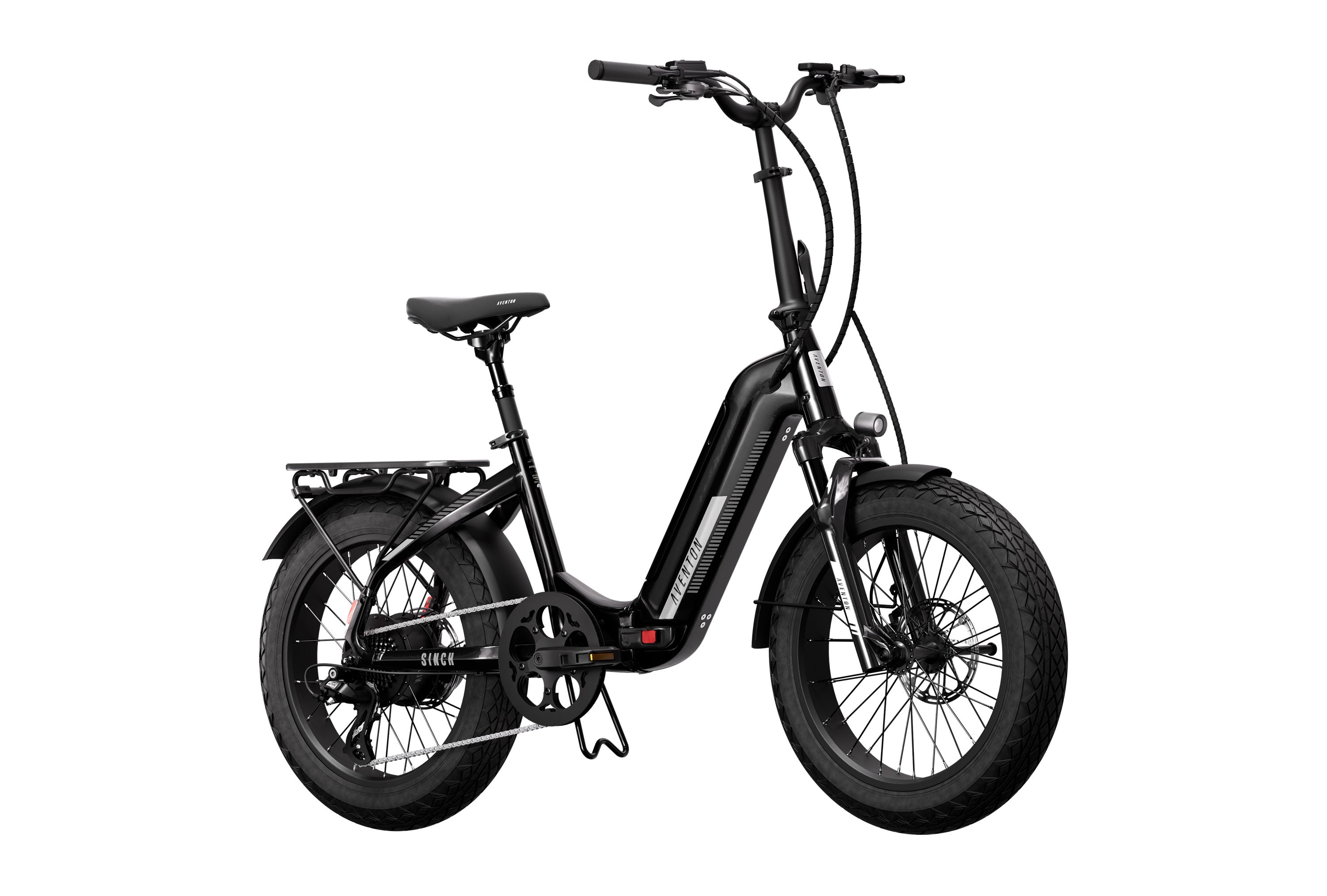 A black Aventon Sinch 2.5 electric bike, showing the front view with the handlebars, seat, and wheel, indicating a modern and sleek design available at CyclErie in Erie CO. 