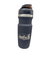 Black water bottle with CyclErie Colorado Logo on a textured surface