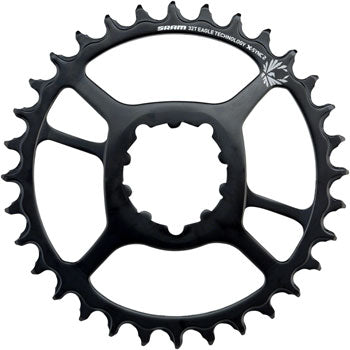 The SRAM X-Sync 2 Eagle Steel Direct Mount Chainring 32T 6mm Offset features alternating thick/thin teeth and is designed for mountain bikes. It has a direct mount system with white branding, and comes in black.