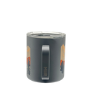 Side profile of the matte grey Miir 12oz camp cup clipped to a gravel bike’s frame bag, colorful CyclErie eBikes logo and Erie Colorado branding standing out against the understated grey body.