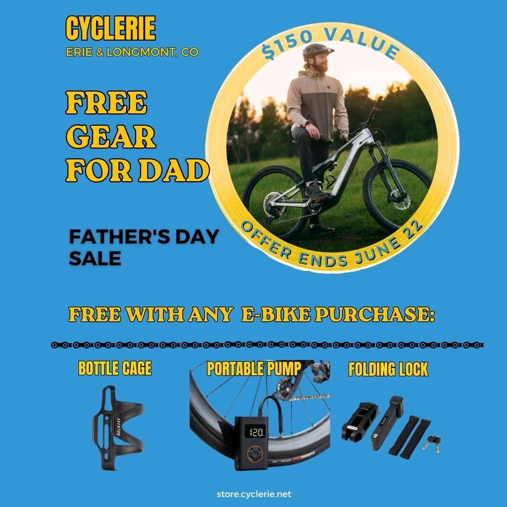 Promotional flyer for Cyclerie with Father's Day offer on e-bikes and free gear.