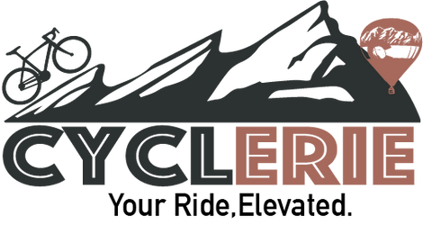 A graphic logo featuring a mountain silhouette with a bicycle on the left and a hot air balloon on the right, above the word 'CYCLERIE' in large dark gray and muted pink letters, with the tagline 'Your Ride, Elevated.' below.