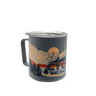 Matte grey Miir 12oz camp cup with vibrant full-color CyclErie eBikes rainbow logo and “Erie Colorado” text, press-fit slide lid on, photographed on a rocky Colorado trail with pine trees in the background.