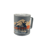 Close-up of the rainbow CyclErie eBikes logo popping against the stealth matte grey powder-coat finish of a Miir 12oz insulated camp cup, showing the tactile texture and stainless rim.