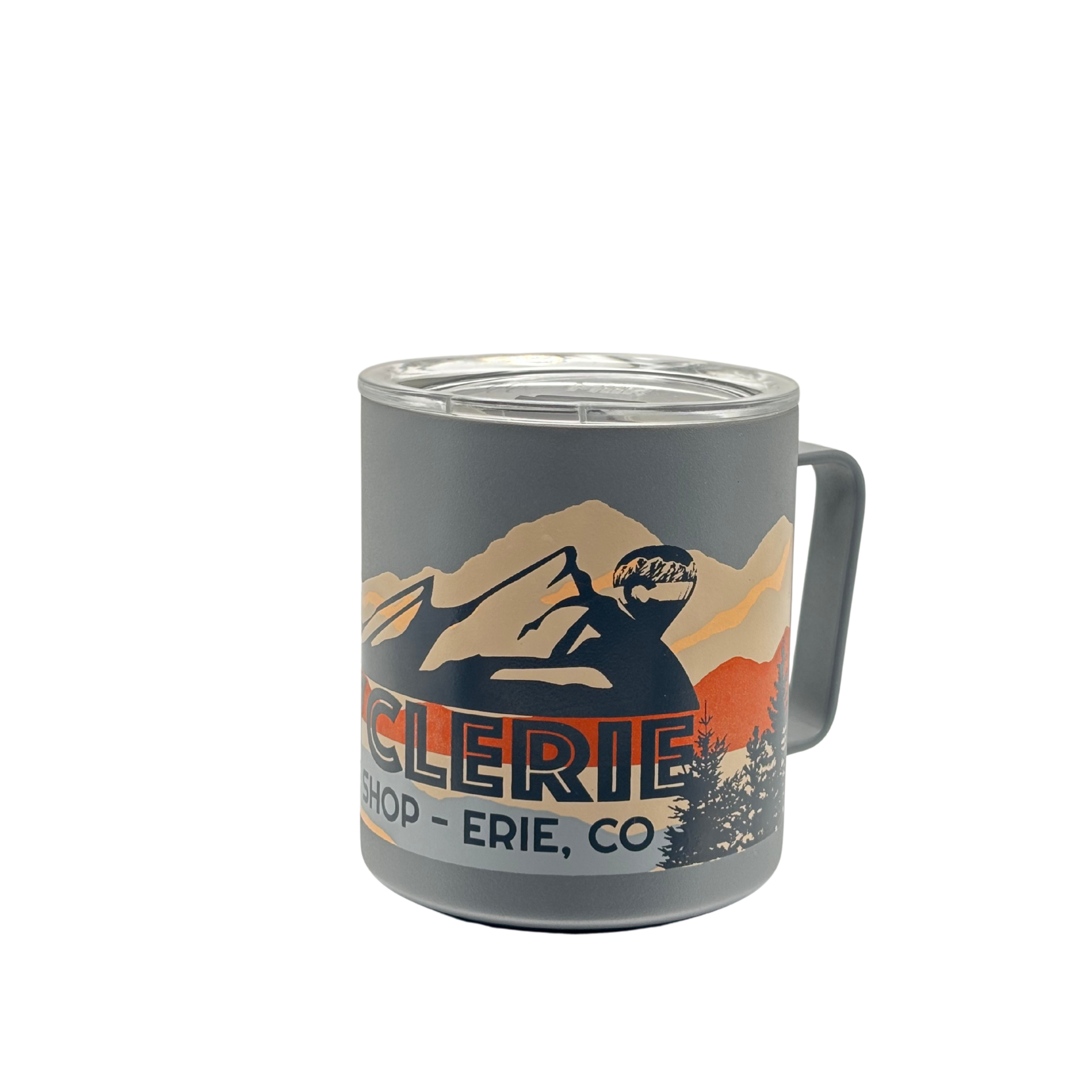 Close-up of the rainbow CyclErie eBikes logo popping against the stealth matte grey powder-coat finish of a Miir 12oz insulated camp cup, showing the tactile texture and stainless rim.