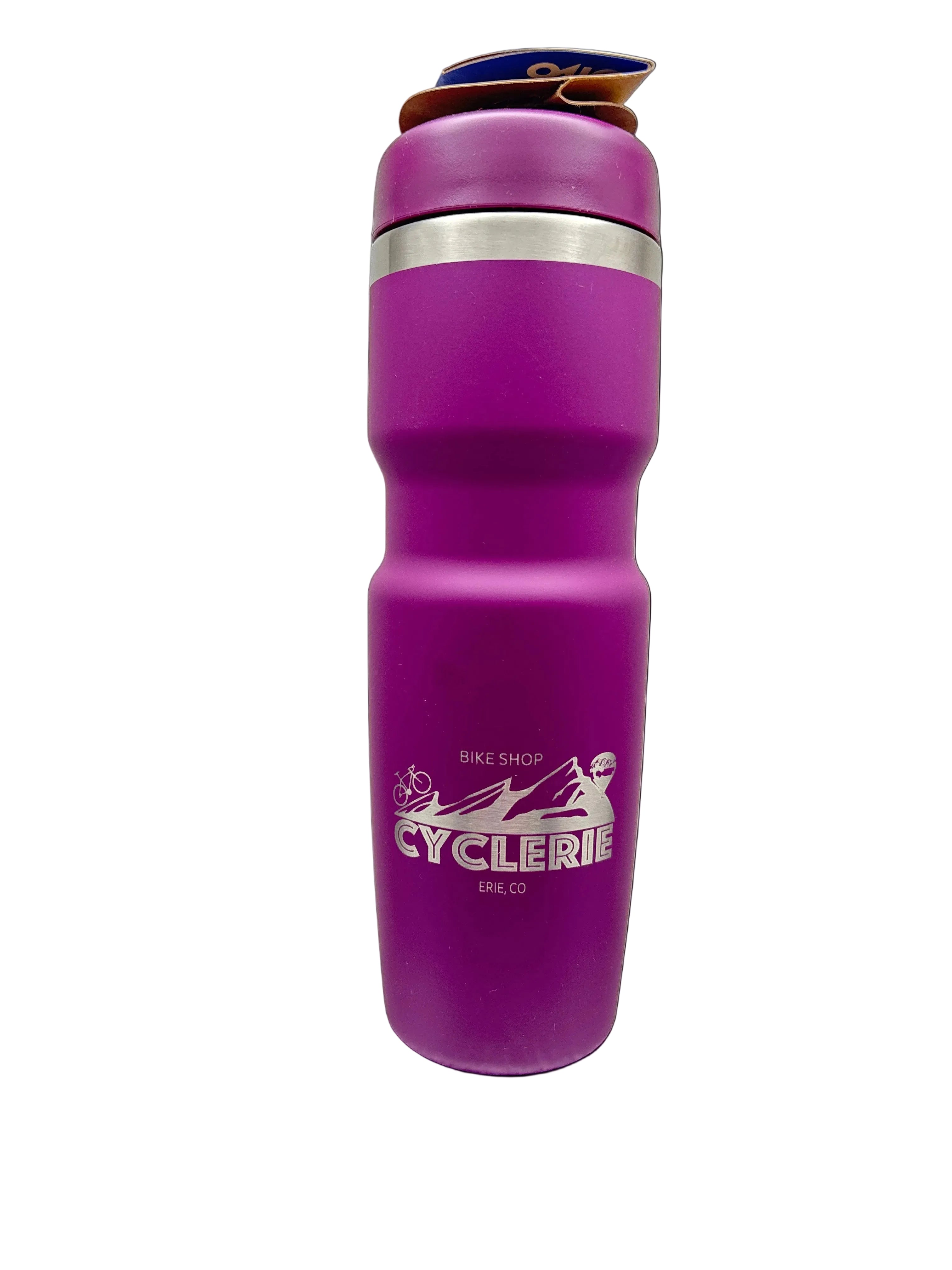 Purple water bottle with a CyclErie Colorado logo on a white background