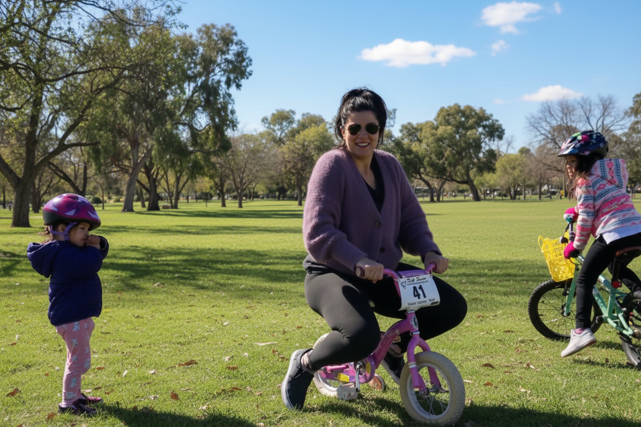 A video screenshot showing a woman riding a pink balance bike with a race bib, accompanied by two young children on a suburban street with snow on the ground.
