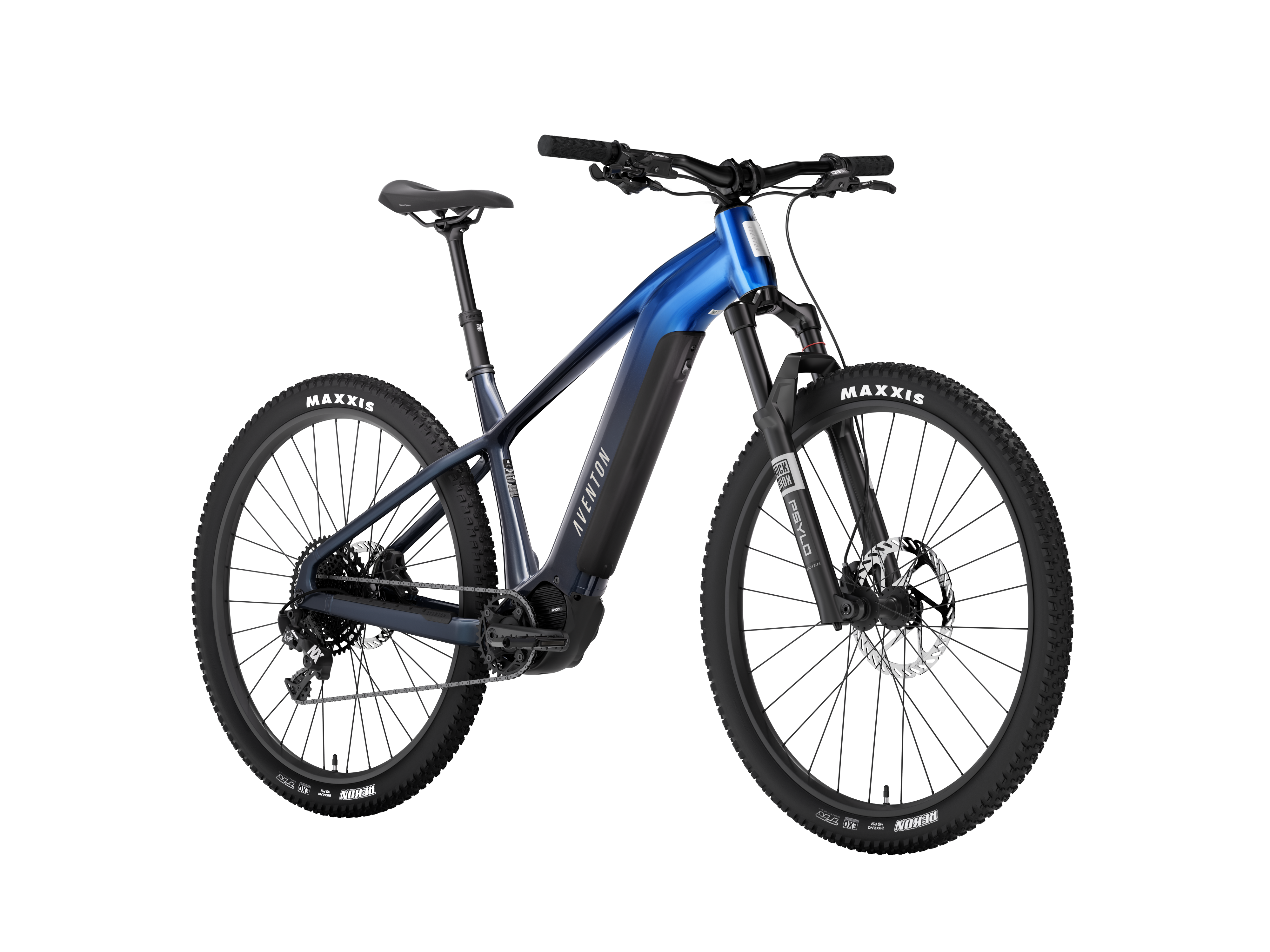 RockShox Psylo Silver 130mm coil fork on Aventon Ramblas ADV 20 MPH electric mountain bike – plush trail performance Class 1 eMTB for Colorado trails, sold at CyclErie Erie Colorado