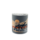 Matte grey CyclErie Miir camp cup filled with steaming coffee, held by a gloved hand next to an e-bike on a snowy Erie, Colorado singletrack—logo and Erie Colorado text clearly visible.